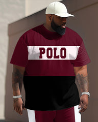 Big Guy's Simple Red Colorblock Alphabet Print T-shirt Trousers Set