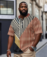 Men's Plus Size Daily Casual Red Stripe Patchwork Geometric Print Henry Collar Button Short Sleeve T-Shirt