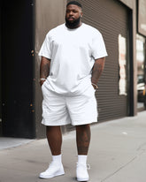 Daily Joker Solid Color White Printed T-Shirt Shorts Big Men's Set