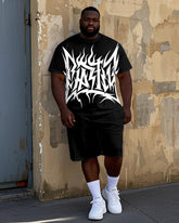 Big Men's Retro Geometric Pattern Printed Street Fashion Short Sleeve T-Shirt Shorts Set