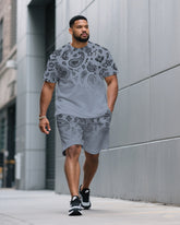 Men's Plus Size Gray Blue Gradient Paisley Pattern Round Neck Short Sleeve T-shirt Shorts Suit