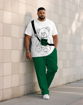 Men's Plus Size Green & White Teddy Bear Crossbody Bag Short Sleeve T-Shirt Trousers Suit