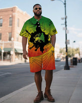 Men's Plus Size Green Yellow Red Gradient Colorblock Music Print Short Sleeve Polo Shirt Shorts Suit
