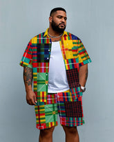 Big Men's Street Fashion Colorful Plaid Splicing Style Pocket Short Sleeve Shirt and Shorts Set