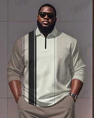 Men's Simple Khaki Stripe Print Polo Shirt Zipper Pants Suit