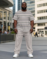 Men's Plus Size Apricot Striped Short Sleeve T-Shirt Trousers Suit