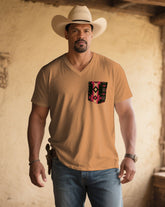 Men's Plus Size Bright Khaki Western Pattern Chest Patch Pocket Printed V-neck Short Sleeve T-shirt