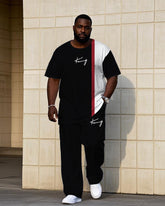 Men's Plus Size Casual Classic Black Colorblock Chest Handwritten King Short-sleeved T-shirt Trousers Suit