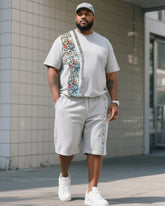 Men's Plus Size Fashion Grey Creative Stripe Print T-Shirt Shorts Suit
