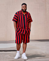 Big Men's-Hot Red And Black Striped Color Block Printed Short Sleeve Shirt Shorts Suit