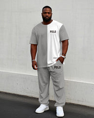 Men's Big & Tall Grey & White Casual Print Short Sleeve T-Shirt Trousers Set