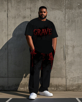 Big Guy's Artistic Letter GRAVE Gothic Style Short Sleeve T-Shirt Pants Set