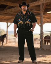 Western Denim-Men's Plus Size Black Wild Horse Hero Short Sleeve Shirt Trousers Suit