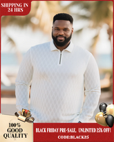 Big & Tall Men's White-Autumn And Winter Jacquard Texture Knitted Fabric Metal Zipper Long Sleeve POLO Shirt