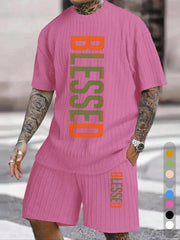 "BLESSED" Color Contrast Vertical Texture Pattern Large Size Casual Suit