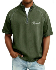 S-4XL Respect Letter Print Wash Half-Zip Short-Sleeve Polo Shirt