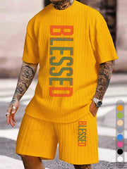 "BLESSED" Color Contrast Vertical Texture Pattern Large Size Casual Suit