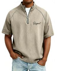 S-4XL Respect Letter Print Wash Half-Zip Short-Sleeve Polo Shirt