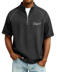 S-4XL Respect Letter Print Wash Half-Zip Short-Sleeve Polo Shirt