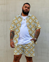 Big Men's Vintage Golden Geometric Regular Printed Pocket Casual Short Sleeve Shirt and Shorts Set