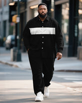 Big & Tall Men's Business Black Colorblock Stripe Print Bamboo Hemp Texture Long Sleeve Shirt Trousers Suit