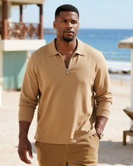 Big & Tall Men's Business Solid Color Long Sleeve Zipper Polo Shirt