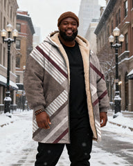 Big & Tall Men's Gray Geometric Print Velvet Thickened Long Hooded Exterior