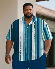 Men's Plus Size Summer Blue Ocean Striped Short Sleeve Shirt Shorts Suit