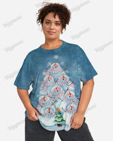 Plus Size Women's Snowman Christmas Tree Print Loose Short Sleeve T-shirt