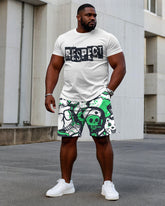 Men's Plus Size Street Fashion "Respect" Slogan Hand Brush Printed Short Sleeve T-Shirt Shorts Suit