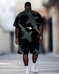 Men's Plus Size Hawaiian Shark Shadow Print Shirt Shorts Suit