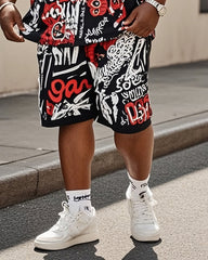 Plus Size Men's Creative Graffiti English Printed T-shirt Shorts Suit