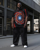 Men's Casual Abstract Vortex Square Pattern Printed Short Sleeve T-shirt Pants 2-Piece Set