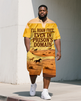 Men's Casual Horse in Desert PRISON Lettering Relaxed Short-Sleeve Polo Shirt & Shorts Set