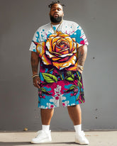 Men's Plus Size Street Fashion Graffiti Rose Print T-Shirt Shorts Set