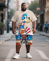 Men's Plus Size Apricot Pixel American Flag Cartoon Dog Print Short Sleeve T-Shirt Shorts Suit