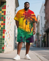 Men's Plus Size Juneteenth Colorblock Hawaiian Coconut Tree Print Shirt Shorts Suit