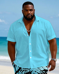 Men's Plus Size Hawaiian Holiday Bright Blue Short Sleeve Shirt Shorts Suit