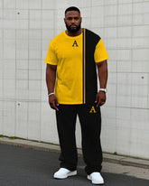 Men's Plus Size Comfortable Casual Black & Yellow Small Label Printed Short-sleeved T-shirt Trousers Suit