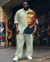 Men's Plus Size Green Color Block Abstract Cartoon Printing Long Sleeve Shirt Trousers Suit