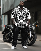 Men's Plus Size Monochrome Vintage Court Pattern Long Sleeve Lapel Shirt 2-piece Set