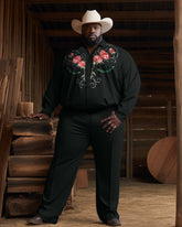 Western Cowboy Style Rose Flower Men's Plus Size Black Long Sleeve Trousers Two-Piece Set