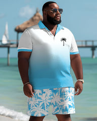 Men's Plus Size Hawaiian Gradient Coconut Tree Print Polo Shorts Suit