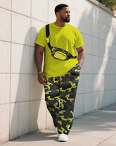 Men's Plus Size Fluorescent Green Camouflage Crossbody Bag Short-sleeved T-shirt Trousers Suit