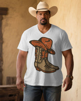 Men's Plus Size White Western Denim Boots Printed V-Neck Short Sleeve Tee