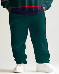 Men's Simple Green Stripe Print Plus Size Round Neck Sweatshirt Suit