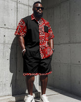 Men's Plus Size Street Fashion Paisley Colorblock Black Red Print Shirt Shorts Suit