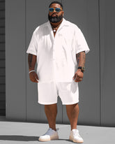 Big Guy Versatile White Solid Color Short Sleeve Shirt Shorts Set