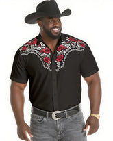 Big & Tall Men's Cattle Ranch Daily Casual Floral Design Textured Black Short Sleeve Shirt