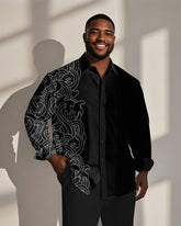 Men's Plus Size Business Black Patchwork Wave Art Texture Print Long Sleeve Shirt